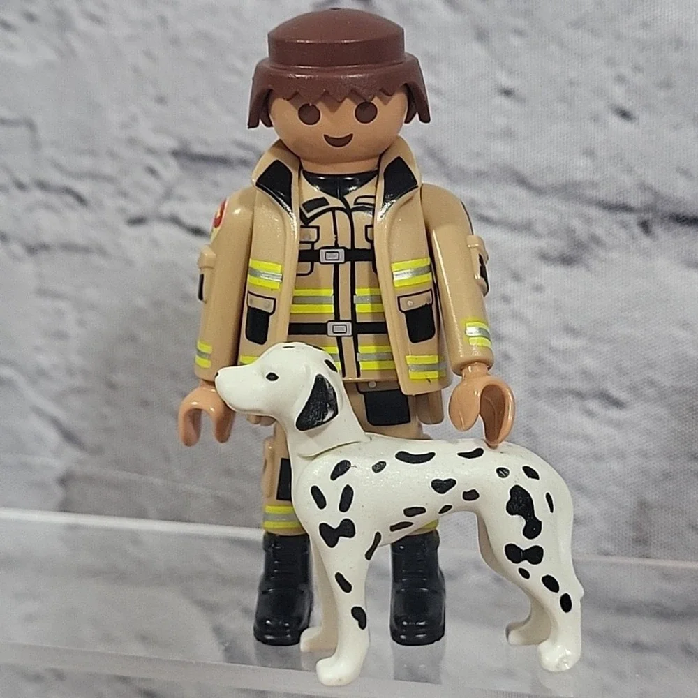 Playmobil People Figures Firefighters Fire Dept Flag Dalmatian Construction Cone